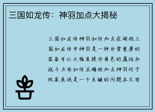 三国如龙传：神羽加点大揭秘
